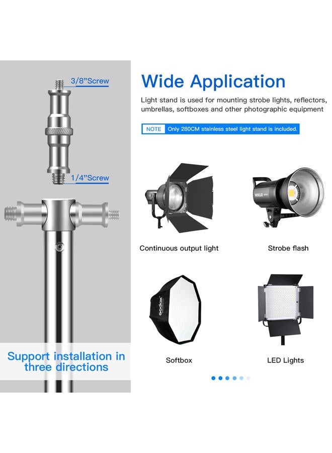 SUPON Stainless Steel Light Stand 110" /2.8m, Spring Cushioned Heavy Duty Tripod Stand with 1/4-inch to 3/8-inch Universal Adapter for Studio Monolight Softbox Reflector Photography (2 * 2.8M) - Image 2
