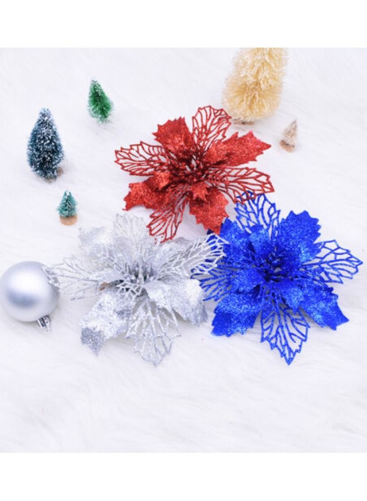 ACLIX Pack Of 3 Artificial Flower for Christmas Tree Colorful Glitter Flowers DIY Home Ornaments Gold/Red/Silver - Image 1