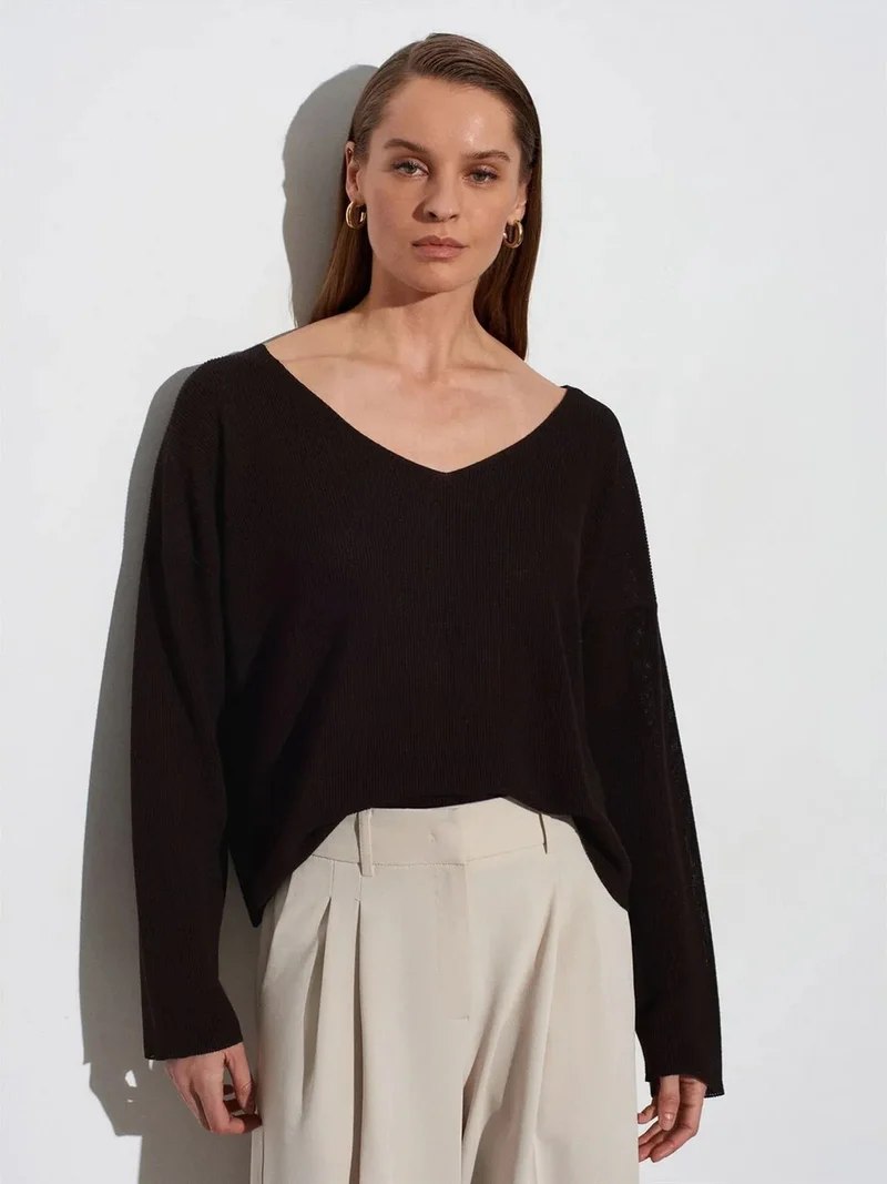 ديلفين Dilvin Women's V-neck Ribbed Knit Sweater
