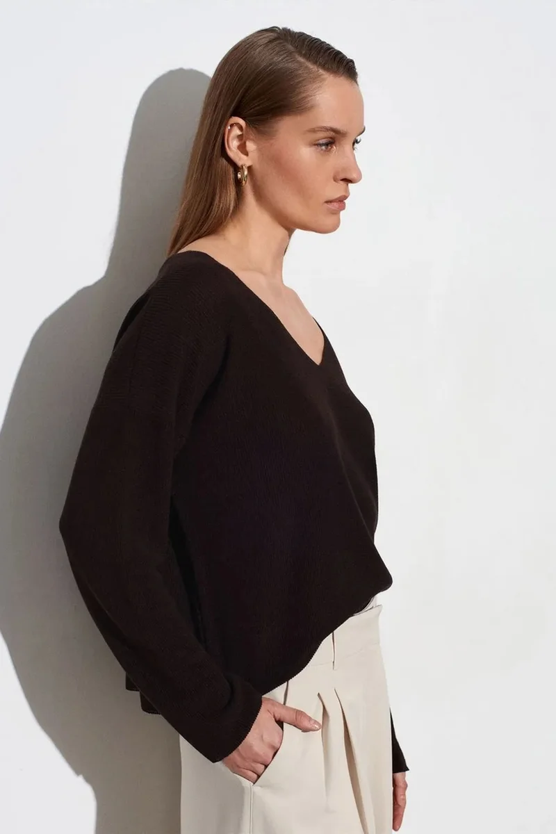 Dilvin Black DILVIN Women's V-neck Ribbed Knit Sweater for Women | Best Price UAE