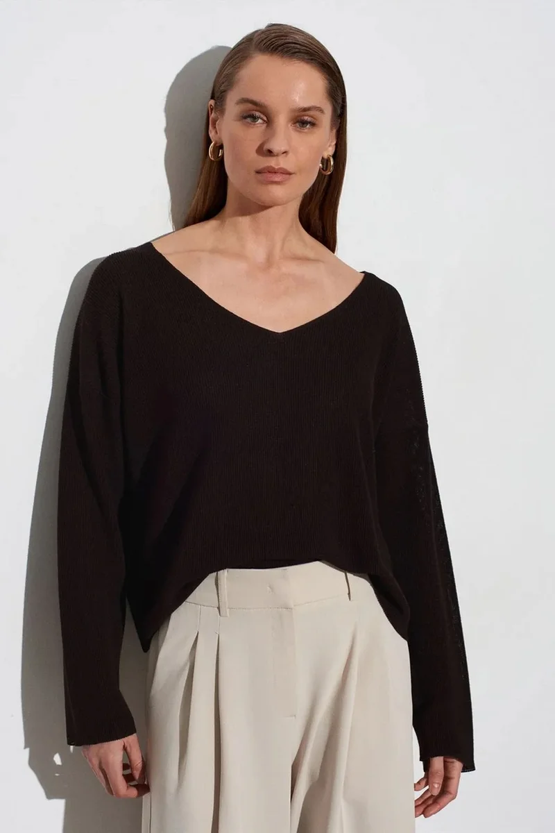 DILVIN Women's V-neck Ribbed Knit Sweater