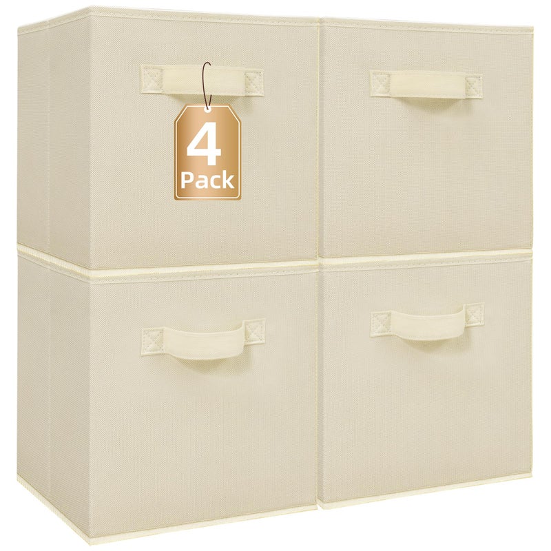 STORAGE MANIAC Storage Cubes, 11 Inch Collapsible Storage Bins with Handles, 4 Pack Fabric Foldable Bins for Organization, Durable Storage Bins for Closet, Shelves, Offices, Toys, 4-Pack Beige - Image 1