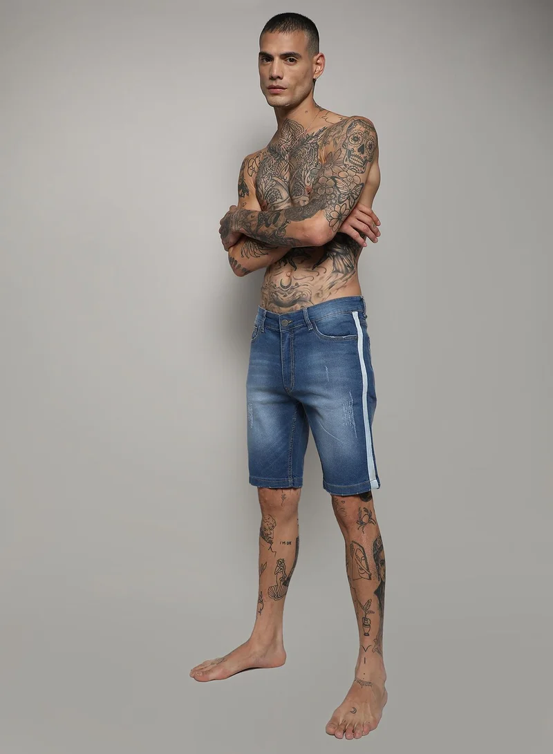 Campus Sutra Men's Blue Pencil Side-Striped Denim Shorts