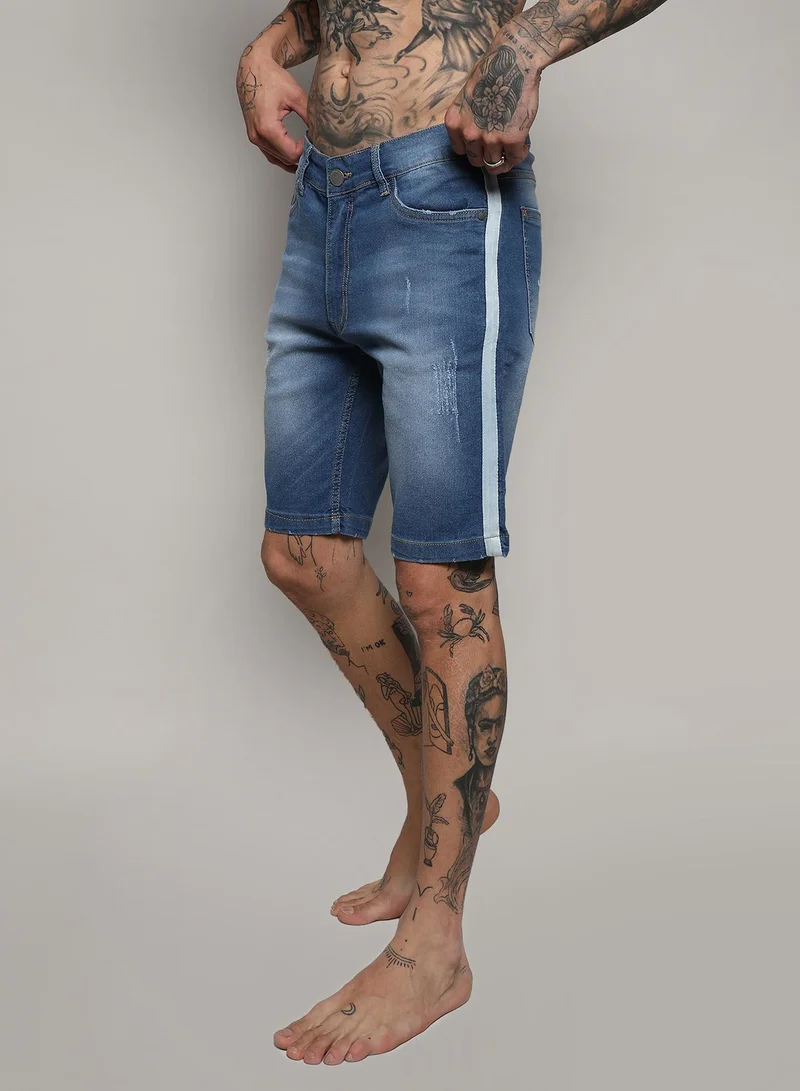 Campus Sutra Men's Blue Pencil Side-Striped Denim Shorts