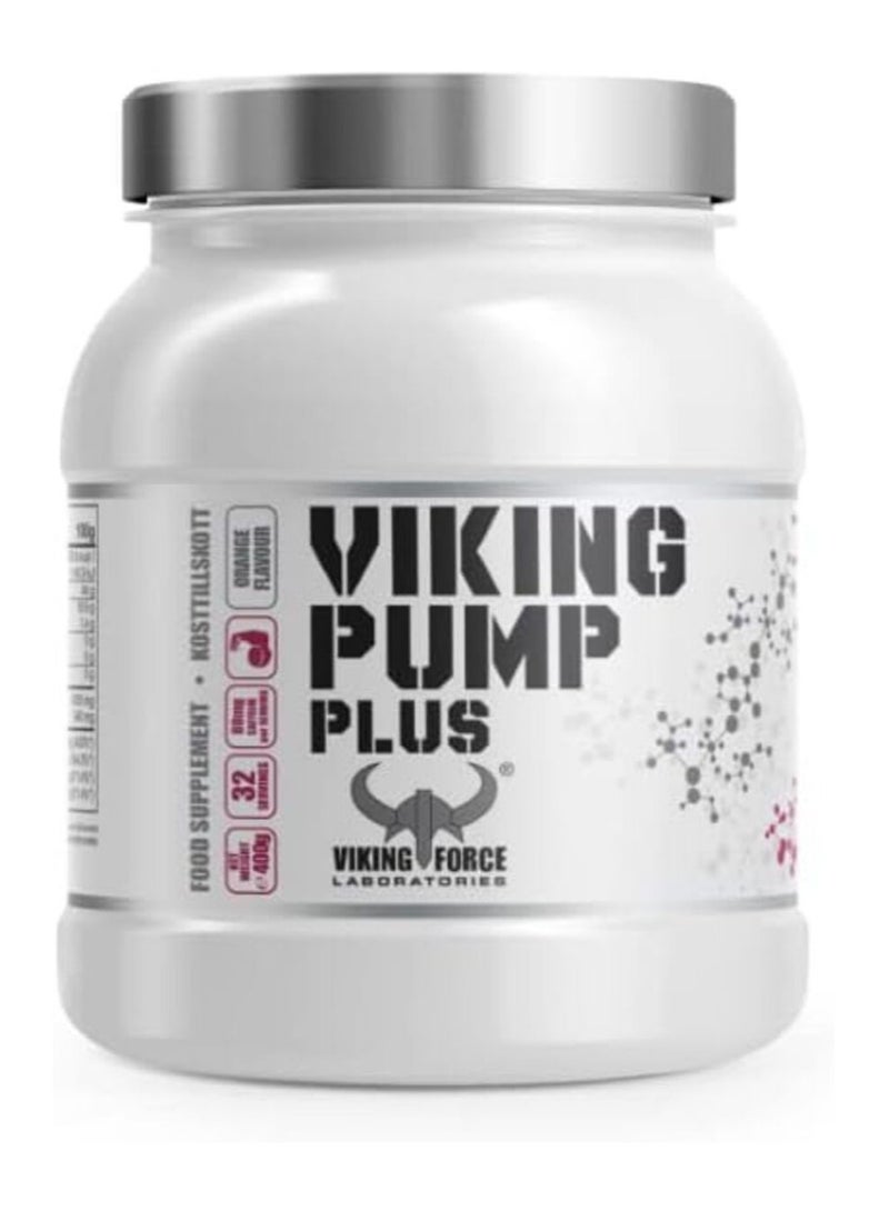 VIKING FORCE LABORATORIES Viking Pump Plus- Orange Flavour Food Supplement, 400g pack, 32 servings, 80mg caffeine per serving, Improved blood flow to muscles - Image 1