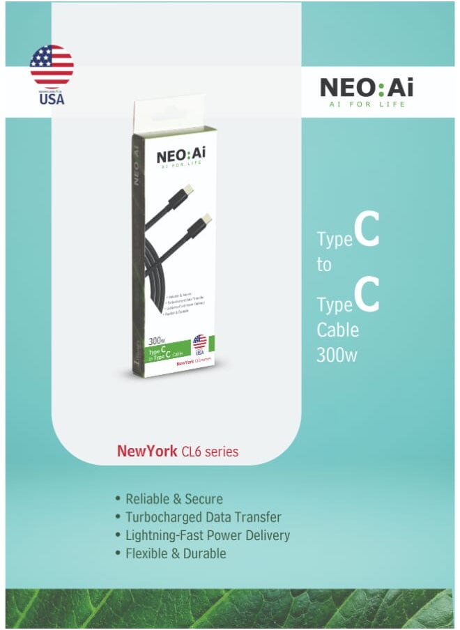 NEO:Ai Type C to Type C Cable 300W | NewYork CL6 Series | Turbocharged 240W/300W PD Fast Charging Cable - Ultra Durable - High-Speed Data Transfer - Secure & Flexible USB-C Cord  - Image 2