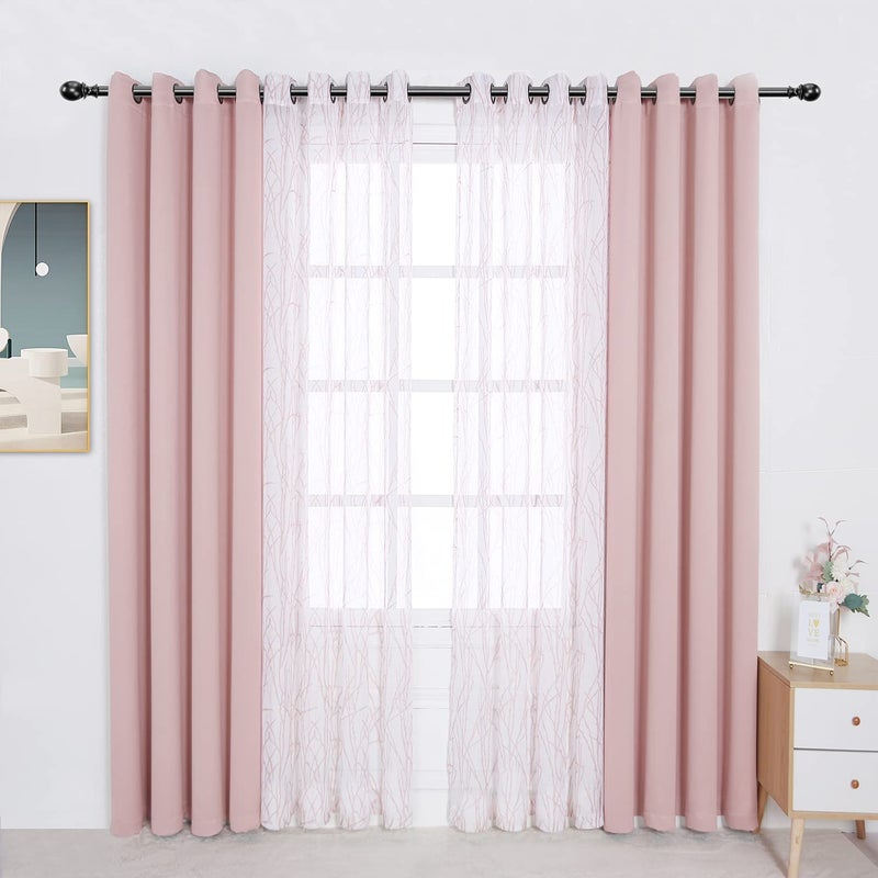 BONZER Mix and Match Curtains  2 Pieces Branch Print Sheer Curtains and 2 Pieces Blackout Curtains for Bedroom Living Room Grommet Window Drapes 54x63 InchPanel Blush Set of 4 Panels