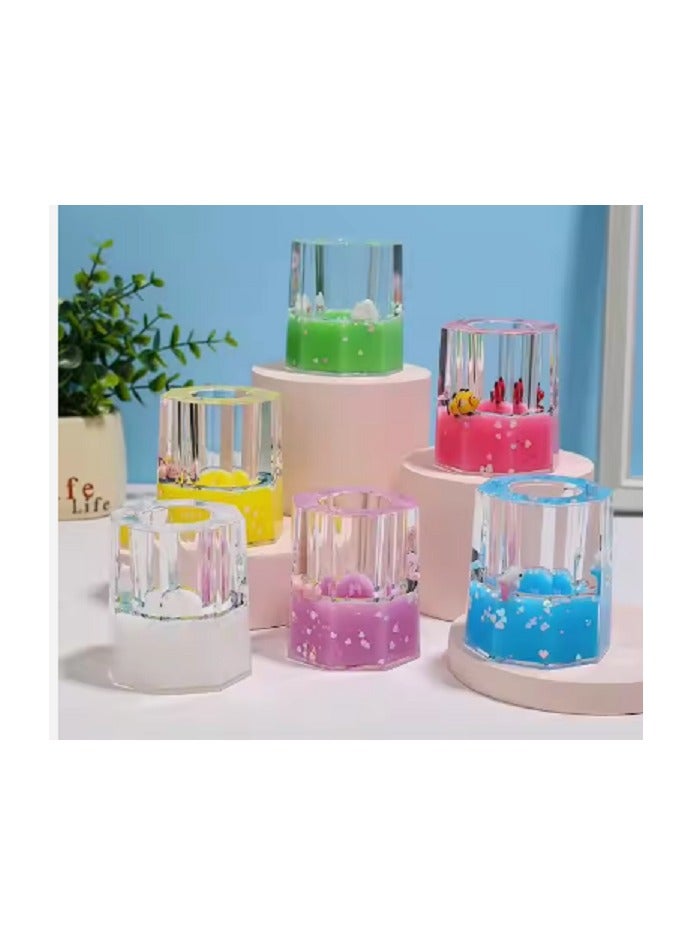 حامل اقلام عتيق جميل وفريد من نوعه (زجاج) للمكتب وطاولة الدراسة (مملوء بماء الجيلي وضفدعين بالداخل مع بريق) مجموعة من قطعة واحدة - Image 1