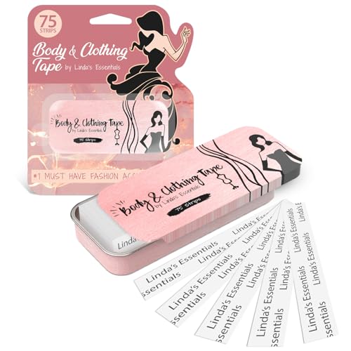 Linda's Essentials Double Sided Tape for Clothes, Body and Fashion (75 Pack) | Clothing and Hem Tape for Women, No Sew No Iron, Fabric Adhesive, Strong Adhesive for Skin for All Shades and Sensitivity, Includes Tin Box - Image 1