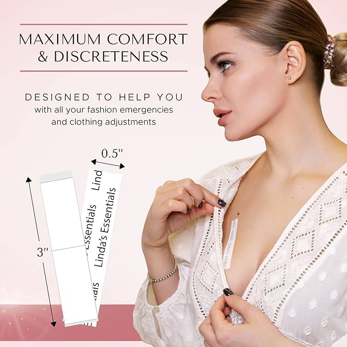 Linda's Essentials Double Sided Tape for Clothes, Body and Fashion (75 Pack) | Clothing and Hem Tape for Women, No Sew No Iron, Fabric Adhesive, Strong Adhesive for Skin for All Shades and Sensitivity, Includes Tin Box - Image 4