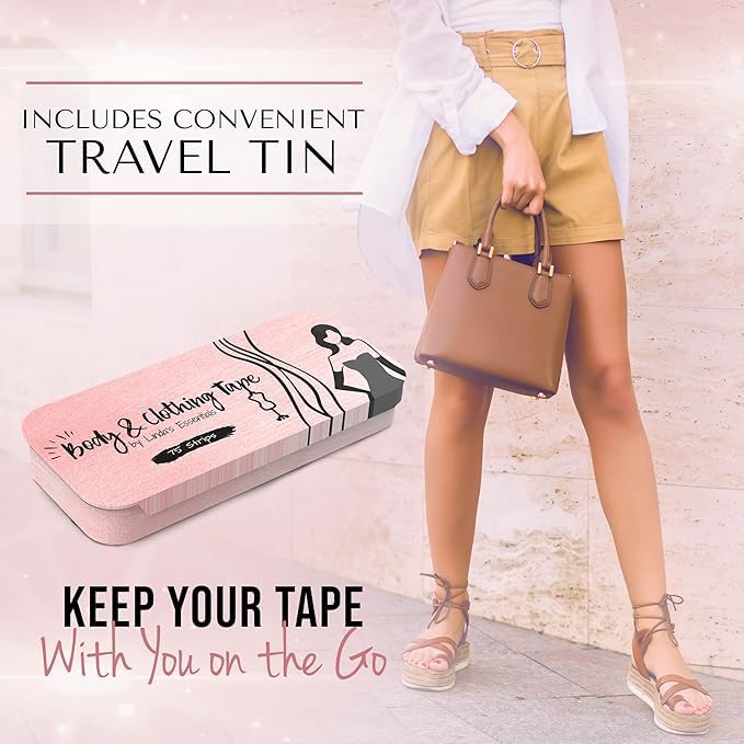 Linda's Essentials Double Sided Tape for Clothes, Body and Fashion (75 Pack) | Clothing and Hem Tape for Women, No Sew No Iron, Fabric Adhesive, Strong Adhesive for Skin for All Shades and Sensitivity, Includes Tin Box - Image 5