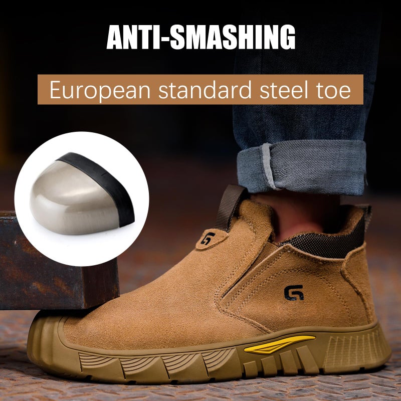 GLANOUDUN Welding Work Boots for Men - Brown Mid-Cut Slip on Steel Toe Shoes - Indestructible Steel Toe Boot for Welder Protective - ASTM Certified Safety Footwear for Construction & Industrial Use - Image 3