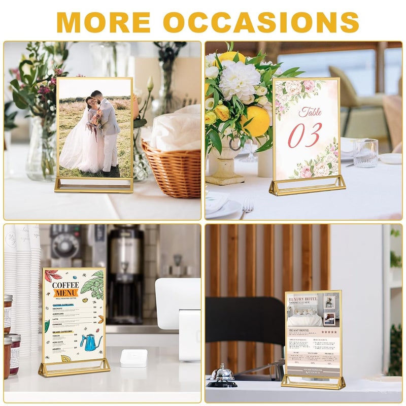 EHWINE 14 Pack 5×7 Clear Acrylic Sign Holder with Gold Borders and Vertical Stand, Double Sided Table Menu Holders Picture Frames for Wedding Table Numbers, Restaurant Signs, Photos and Art Display - Image 5