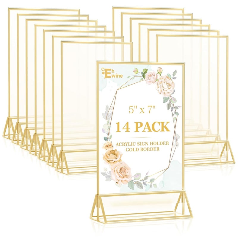 EHWINE 14 Pack 5×7 Clear Acrylic Sign Holder with Gold Borders and Vertical Stand, Double Sided Table Menu Holders Picture Frames for Wedding Table Numbers, Restaurant Signs, Photos and Art Display - Image 1