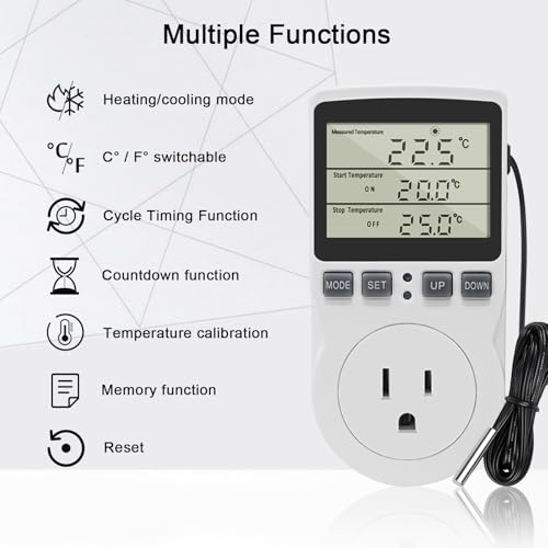 KETOTEK Digital Thermostat Outlet Plug Temperature Controller Outlet Socket 120V Heating Cooling Control 110V 15A Celsius Fahrenheit Display White - Image 2