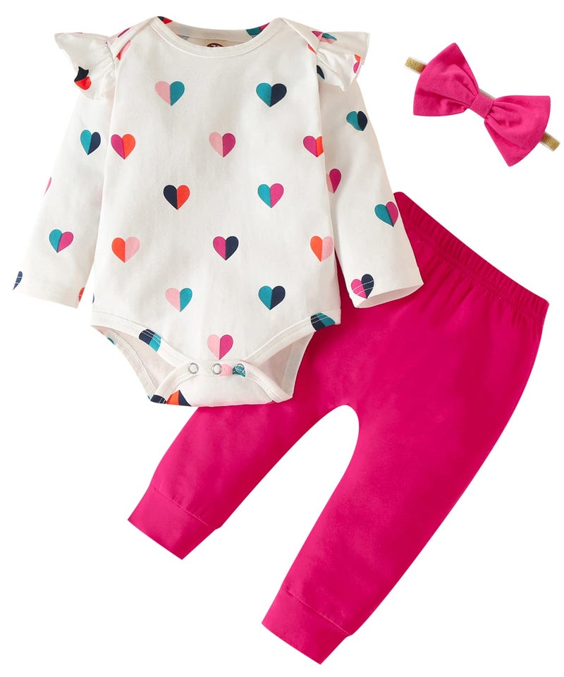 Fullfamous Newborn Baby Girl Clothes Gifts Outfits,Fall Winter Long Sleeve Romper and Pant Set Raspberry Heart 0-3 months - Image 1