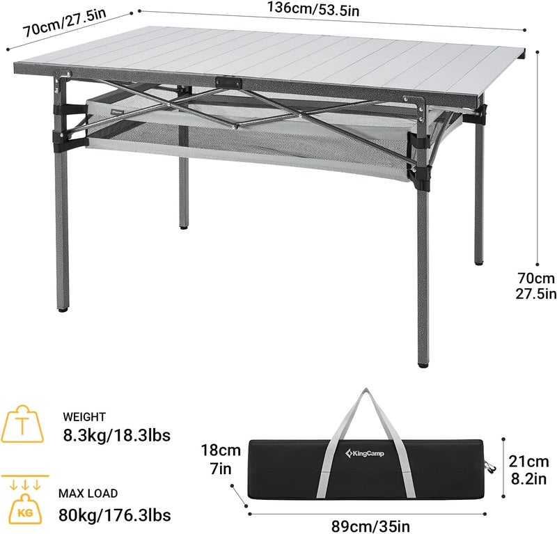 KingCamp Aluminium Camping Table Garden Table Roll-Up Folding Table for 4-6 People up to 80 kg Maximum Load 136 x 70 x 70 cm - Image 2