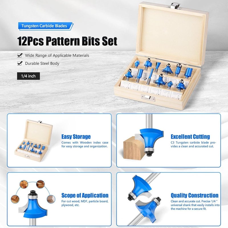 Router Bit Set 12 Pcs 6mm Heel Router Bit Set Wood Forming Drill Bits Wood Sorting Bits Multi Size Woodworking Tool Set - Image 5