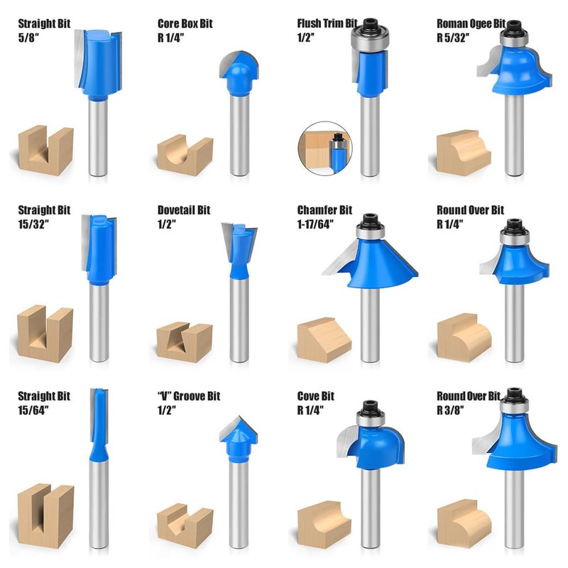 Router Bit Set 12 Pcs 6mm Heel Router Bit Set Wood Forming Drill Bits Wood Sorting Bits Multi Size Woodworking Tool Set - Image 2