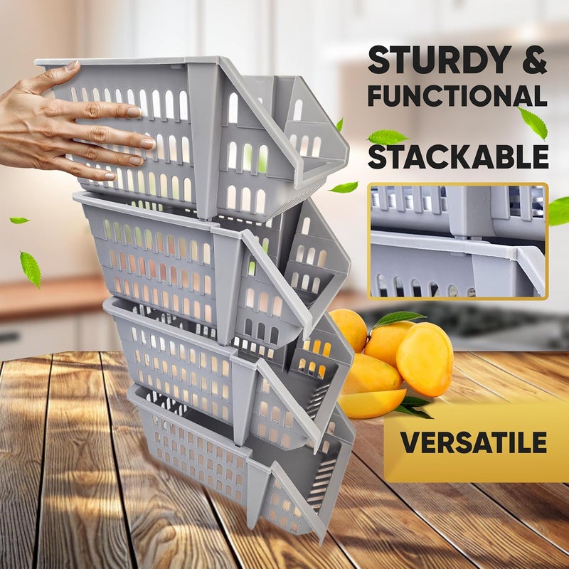 Skywin Plastic Stackable Storage Bins for Pantry - 4-Pack Small Open Front Storage Bins For Toy Organizers and Storage Bins For Pantry, Kitchen, and Bathroom Essentials (L-Grey) - Image 3