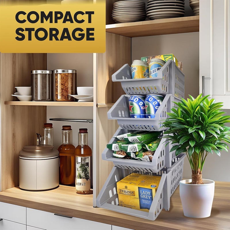 Skywin Plastic Stackable Storage Bins for Pantry - 4-Pack Small Open Front Storage Bins For Toy Organizers and Storage Bins For Pantry, Kitchen, and Bathroom Essentials (L-Grey) - Image 4