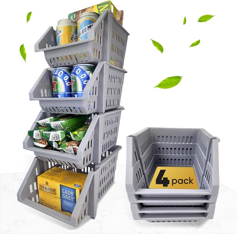 Skywin Plastic Stackable Storage Bins for Pantry - 4-Pack Small Open Front Storage Bins For Toy Organizers and Storage Bins For Pantry, Kitchen, and Bathroom Essentials (L-Grey) - Image 1