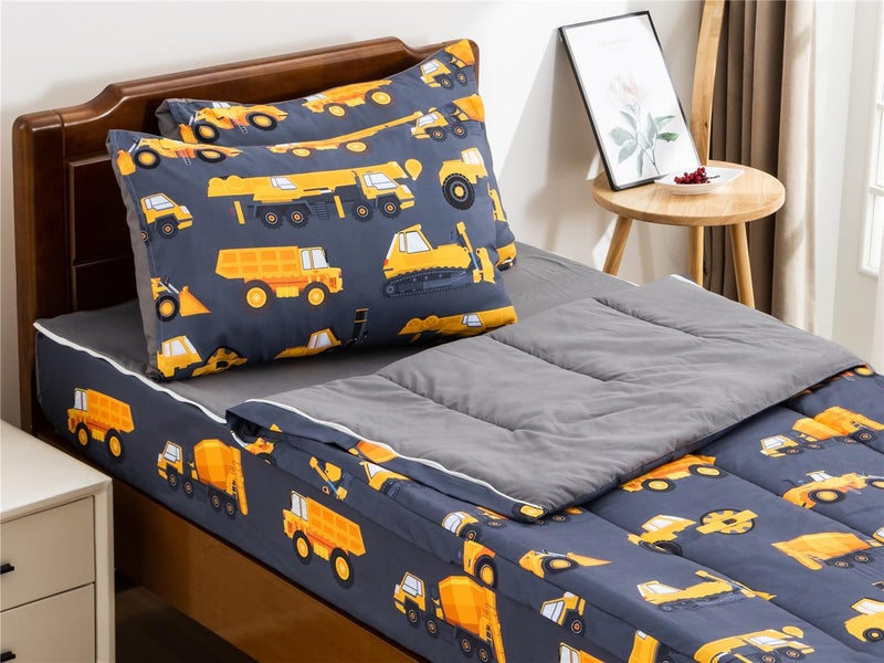 NTBED Construction Truck Printed Zipper Bedding Sets Twin Lightweight Microfiber Car Comforter Sets with Fitted Sheet Pillow CoversDark Grey
