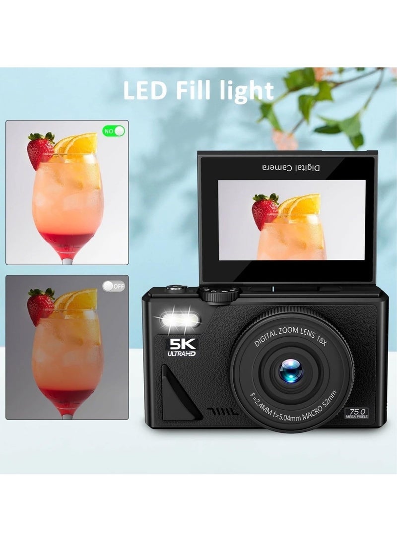 Digisand Digital Cameras 75MP Digital Camera for Photography and Video, 5K Vlogging Camera for YouTube with 3'' Flip Screen, 18X Digital Zoom Digital Camera for Gift, Compact Anti Shake Vlogging Camera for Live Streaming Travel with 128GB SD Card - Image 3