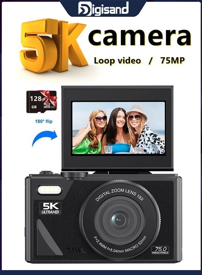 Digisand Digital Cameras 75MP Digital Camera for Photography and Video, 5K Vlogging Camera for YouTube with 3'' Flip Screen, 18X Digital Zoom Digital Camera for Gift, Compact Anti Shake Vlogging Camera for Live Streaming Travel with 128GB SD Card - Image 1