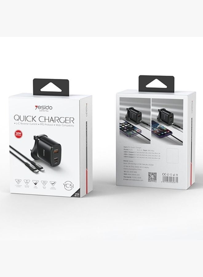 يسيدو شاحن 30 وات من النوع C - شاحن حائط عالي السرعة بثلاثة منافذ: USB-A وType-C وLightning - Image 3