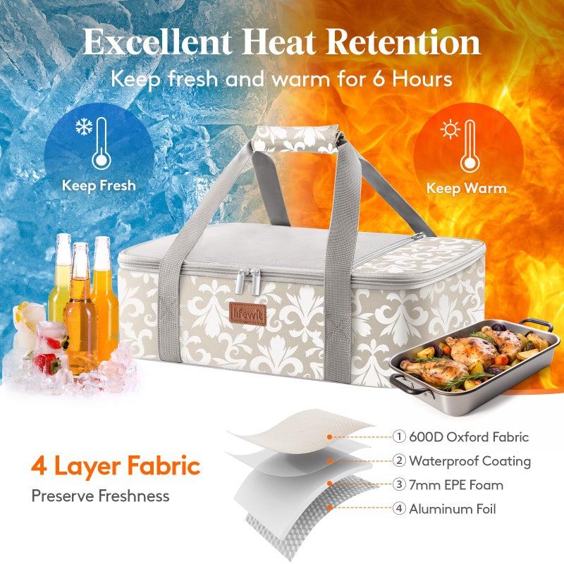 Lifewit حقيبة نقل الأطباق Lifewit للطعام الساخن أو البارد، حقيبة عازلة لصينية الخبز، حاملة لازانيا للحفلات/الاجتماعات/النزهات/الشواء، تناسب صينية خبز بحجم 9"x13"، رمادي - Image 3