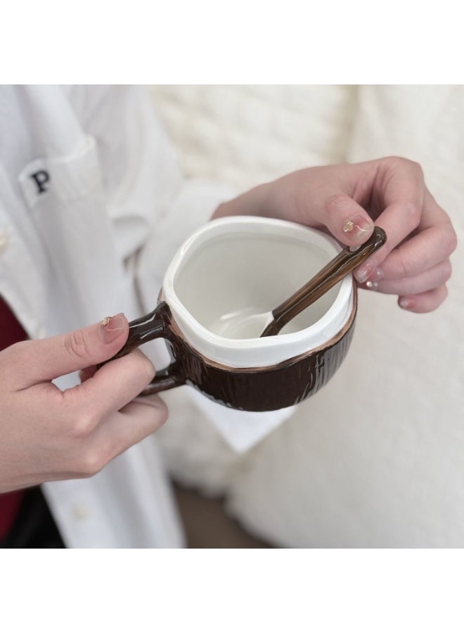 كوب سيراميكي فريد من نوعه على شكل قشرة جوز الهند مع ملعقة مطابقة - مكتب / القهوة المنزلية / كوب الماء ، هدايا مستحقة للمشروبات المنزلية - Image 3