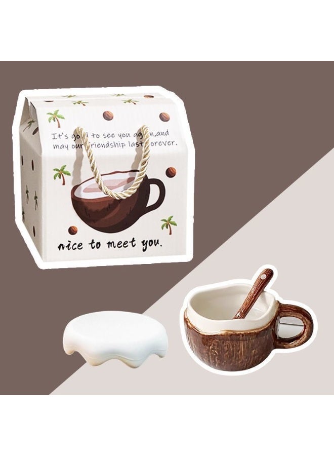 كوب سيراميكي فريد من نوعه على شكل قشرة جوز الهند مع ملعقة مطابقة - مكتب / القهوة المنزلية / كوب الماء ، هدايا مستحقة للمشروبات المنزلية - Image 1