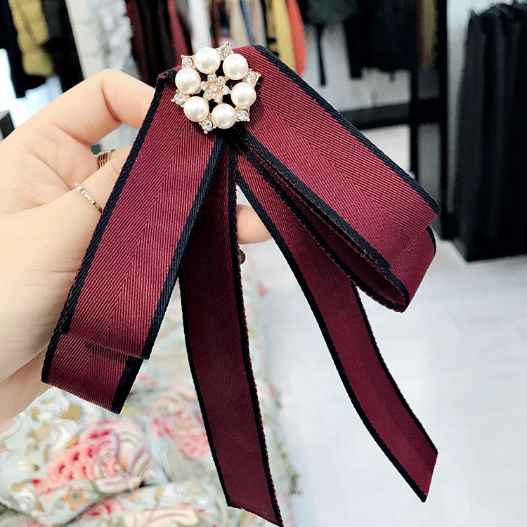 New preppy style ribbon striped pearl rhinestone accessories bow pin shirt large bow tie collar flower female collar pin Wine red
