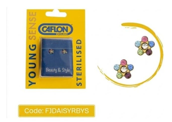 Fashion Sense Caflon Blu Young Daisy Flower Stud Earrings – Sterilized Hypoallergenic Piercing Earrings for Kids, Gold Plated Multi-Color Crystal Studs