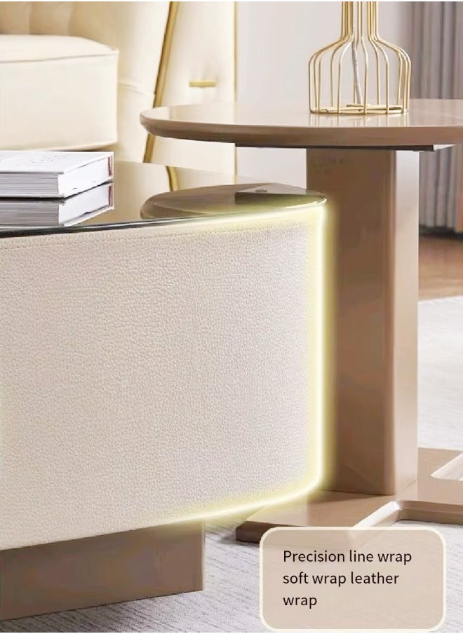 fashionhome - Set of 2 Multipurpose Use Modern Anti Collison Design Leather Wrapped Nested Coffee Tables Strong Base Tempered Glass Tabletop Side Tables Round Edges Center Table for Living Room Home Office 40x38.5 and 80x80 cm - Image 1