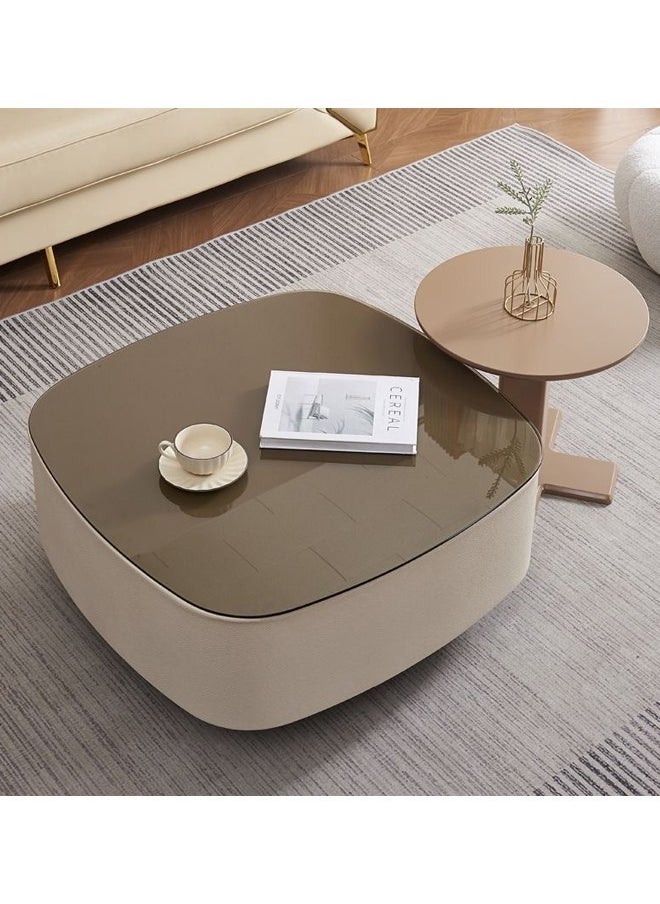 fashionhome - Set of 2 Multipurpose Use Modern Anti Collison Design Leather Wrapped Nested Coffee Tables Strong Base Tempered Glass Tabletop Side Tables Round Edges Center Table for Living Room Home Office 40x38.5 and 80x80 cm - Image 1