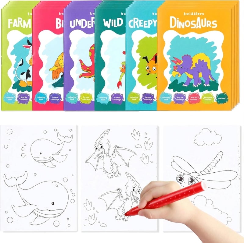 THE TWIDDLERS 24 Pack 6 Themes Bulk Mini Coloring Books for Kids Ages 3 Includes Farm Wild Animals Birds Sea Crawlies Dinosaur Coloring Book Party Favor Classroom Activity Books - Image 2