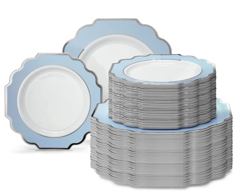 OCCASIONS FINEST PLASTIC TABLEWARE OCCASIONS  240 Plates Pack 120 Guests Heavyweight Wedding Party Disposable Plastic Plates Set 120 x 105 Dinner  120 x 8 SaladDessert Plate Imperial in WhiteBlue  Silver 