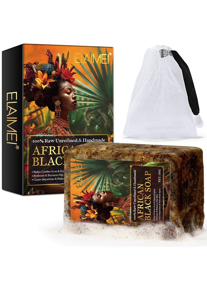 Elaimei African Black Soap, Raw African Black Soap, Wash With Shea Butter Fade Dark Spots And Acne Spots Anti Aging Hydrates Balance Oily Skin, Face & Body Wash, 100% Raw Organic Unrefined And Handmade African Black Soap, 100G - Image 1