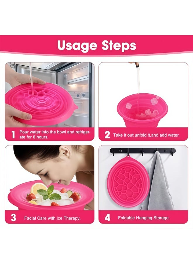 CHIYLE Face Bowl for Ice with Built-In Ice Tray, Collapsible Silicone Face Ice Bath Bowl for Skin Tightening, Acne Relief, Magenta - Image 2