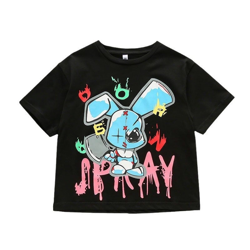 Boys And Girls Short-Sleeved T-Shirt 2024 Medium And Large Children Korean Style Loose Fashionable Top Cartoon Hip Hop