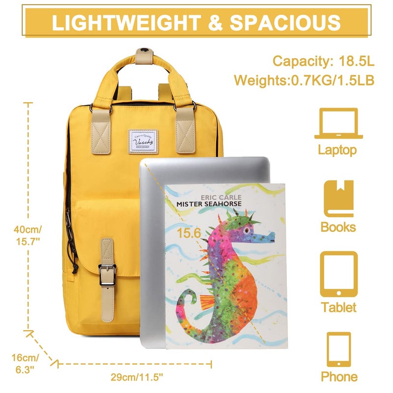 VASCHY Laptop Backpack for Men and Women, Unisex Vintage Water Resistant Casual Daypack Rucksack Bookbag for School College Yellow - Image 2