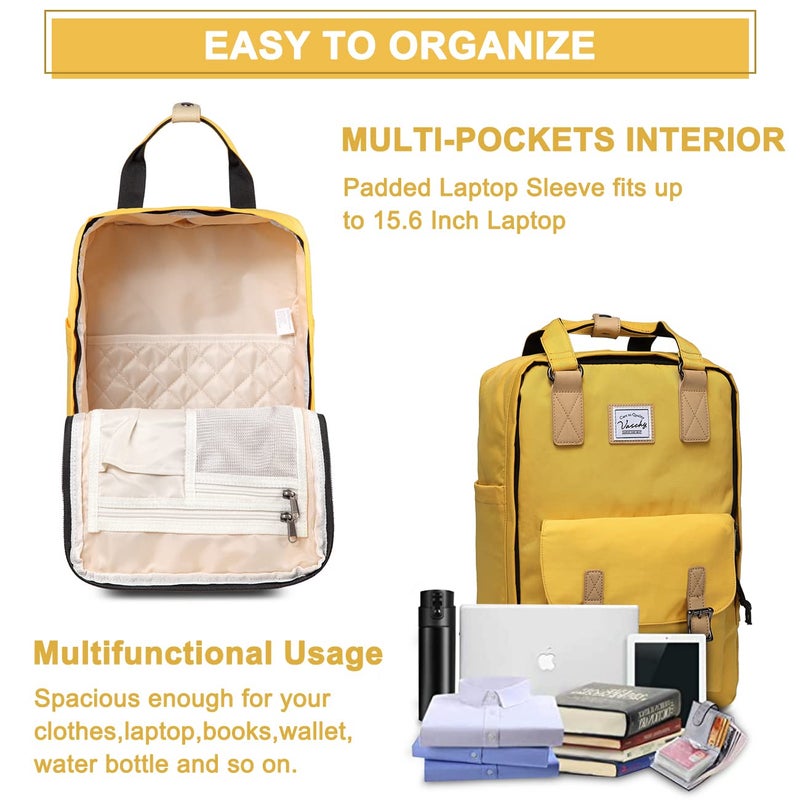 VASCHY Laptop Backpack for Men and Women, Unisex Vintage Water Resistant Casual Daypack Rucksack Bookbag for School College Yellow - Image 3