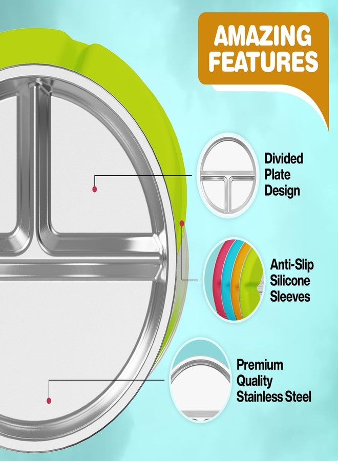 Jayour Kids Stainless Steel Plates with Anti-Slip Silicone Sleeves | Microwave & Dishwasher Safe | Premium Divided Plates for Hassle-Free Eating | Perfect for Toddlers & Kids of All Ages - Set of 4 Plates - Image 5