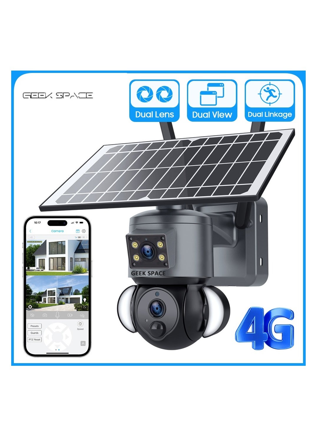 GEEK SPACE 4G Solar Powered Camera CCTV Camera Wireless Wifi Monitoring Camera High-Definition 6MP Lighting Monitoring Solar Security Cameras Wireless Outdoor Full Color Night Vision Camera Home Security System, Waterproof Surveillance Camera 