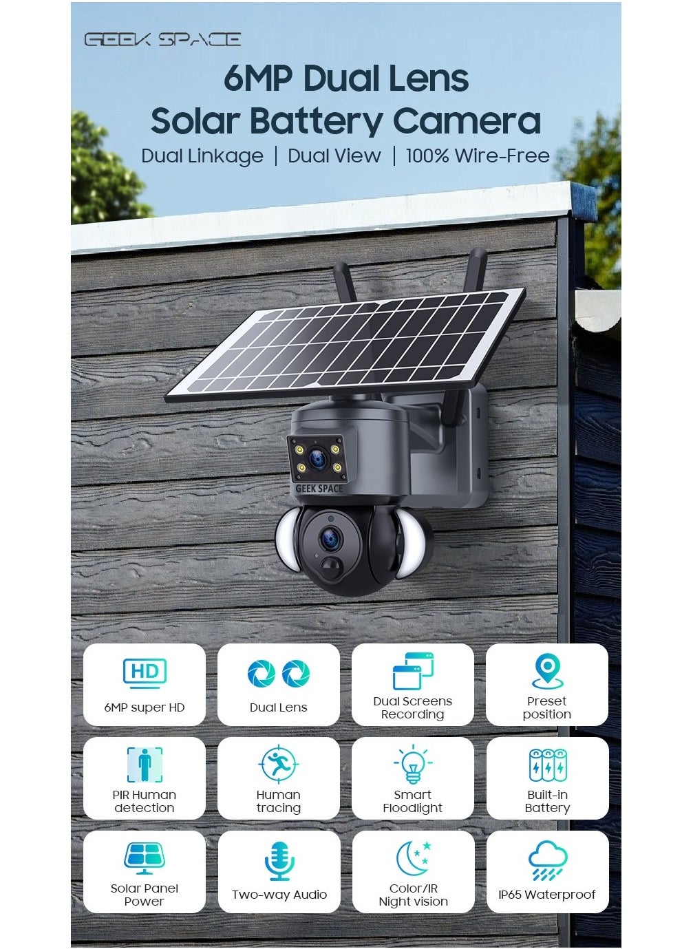 GEEK SPACE 4G Solar Powered Camera CCTV Camera Wireless Wifi Monitoring Camera High-Definition 6MP Lighting Monitoring Solar Security Cameras Wireless Outdoor Full Color Night Vision Camera Home Security System, Waterproof Surveillance Camera 