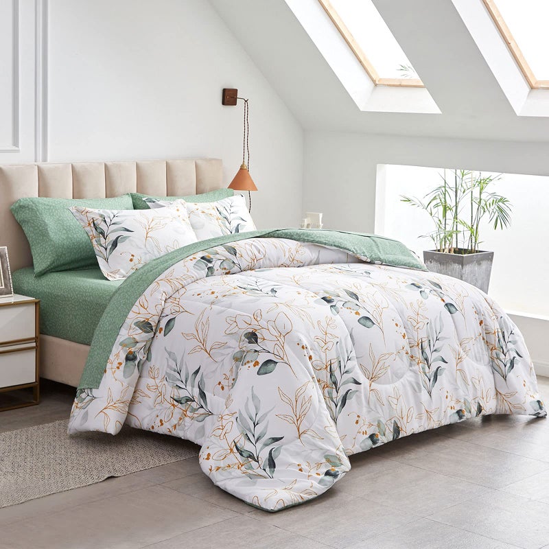 Joyreap 7 Piece Bed in a Bag Queen, Green Leaves Printed on White Botanical Design, Microfiber Set for All Season (1 Comforter, 2 Pillow Shams, 1 Flat Sheet, 1 Fitted Sheet, 2 Pillowcases) - Image 1