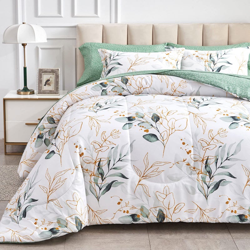 Joyreap 7 Piece Bed in a Bag Queen, Green Leaves Printed on White Botanical Design, Microfiber Set for All Season (1 Comforter, 2 Pillow Shams, 1 Flat Sheet, 1 Fitted Sheet, 2 Pillowcases) - Image 2