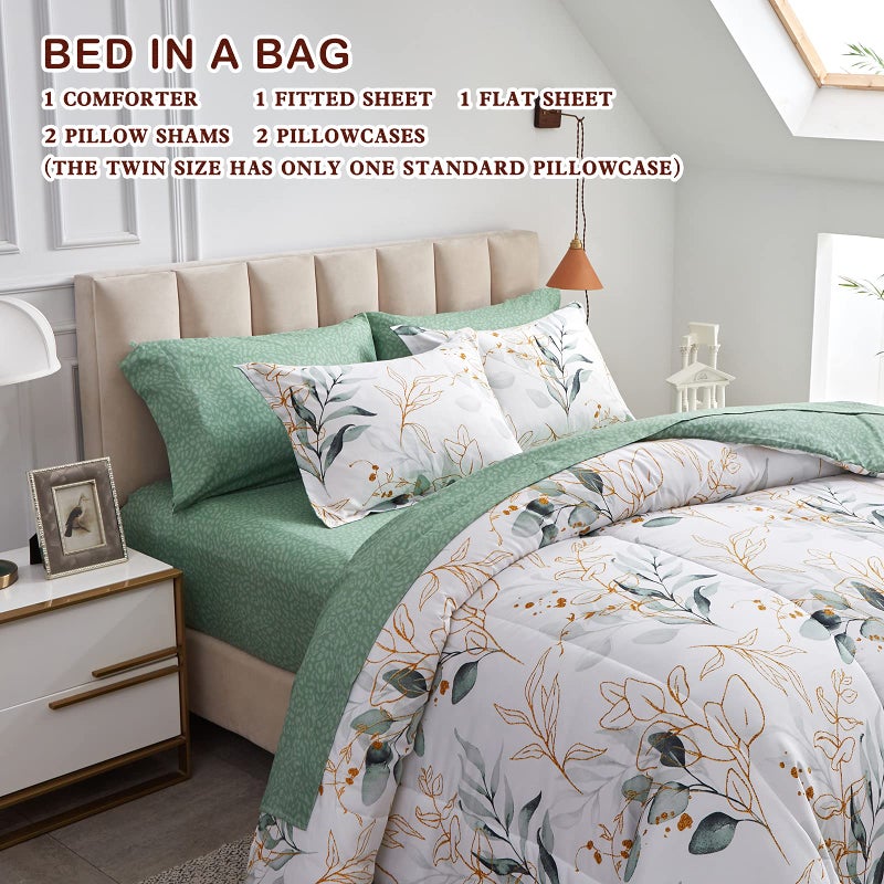 Joyreap 7 Piece Bed in a Bag Queen, Green Leaves Printed on White Botanical Design, Microfiber Set for All Season (1 Comforter, 2 Pillow Shams, 1 Flat Sheet, 1 Fitted Sheet, 2 Pillowcases) - Image 3